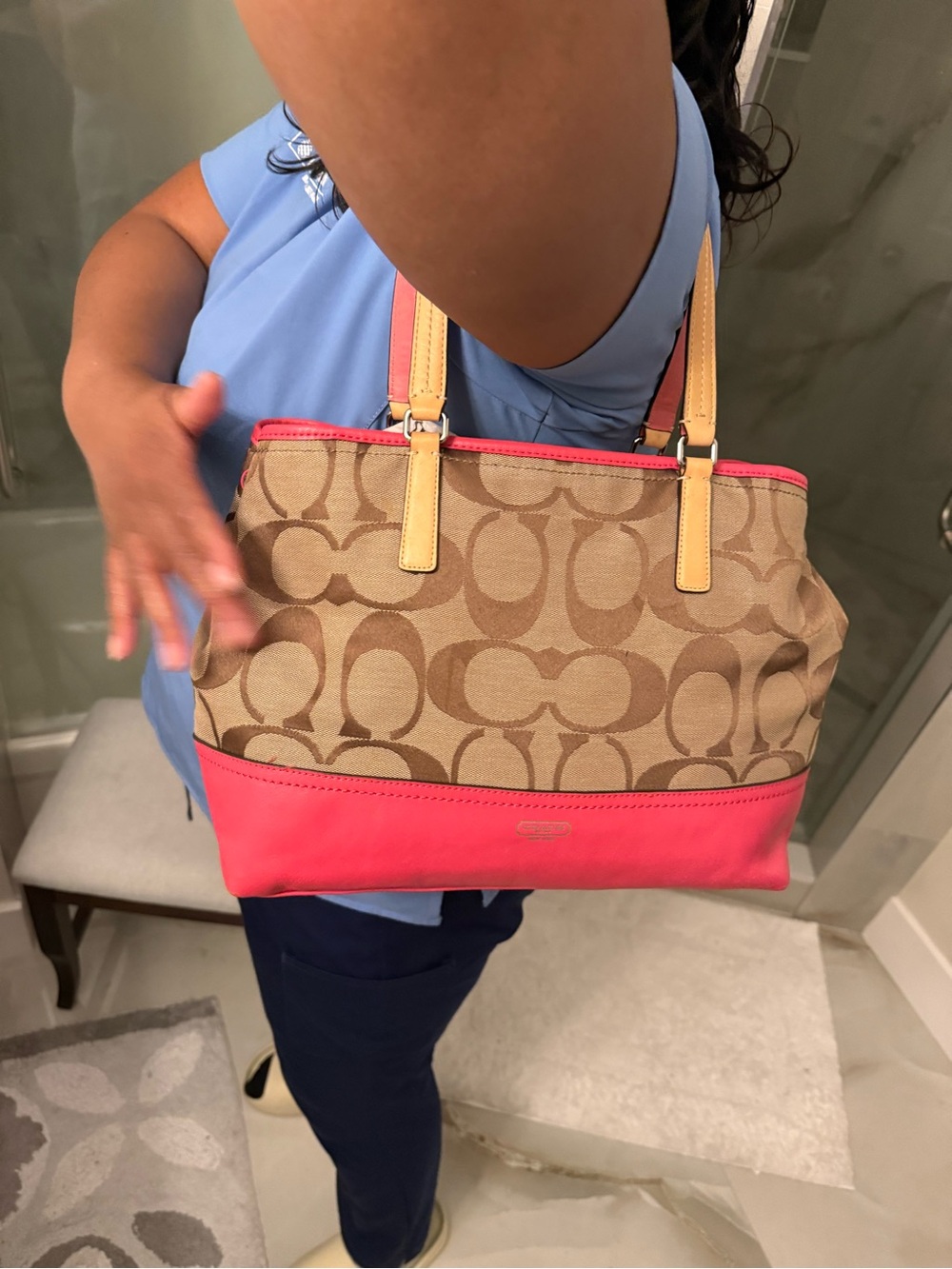 Coach Beige Signature Canvas Tote with Pink Trim and Tan Handles - Picture 10 of 11